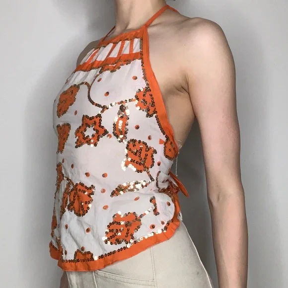 Miss Me embroidered cotton floral halter top, S, cottagecore sequins, RARE! - Picture 5 of 7